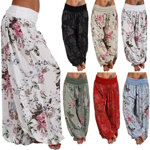 Women Bohemian Floral Print Long Pants 2021 Mid Waist Vintage Harem Pants Elastic Waist Boho Beach Trousers Plus Size 5XL