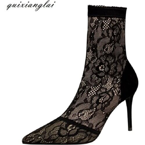 Womens boots 2019 new fashion sexy slimming lace stiletto pointed high heel boots