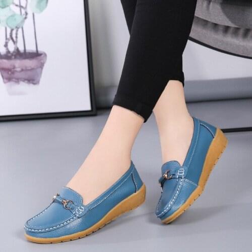 Women Cow Leather Loafers Shoes Ladies Metal Buckle Flats Shoes Spring Comfortable Slip-on Footwear For Female Plus Size
