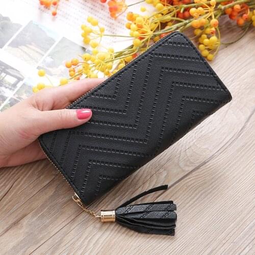 Women Long Wallet PU Leather Wallets Tassel Purse With Zipper Card Holder Long Purse Clutch 50PCS/lot