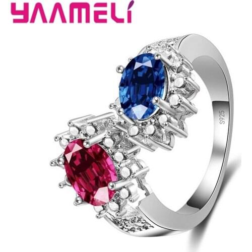 Personalise Women Loving Finger Ring Red & Blue Cubic Zirconia Fashion Design Wedding Rings fFor Women Party Jewelry