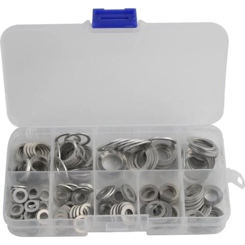 200Pcs 9 Sizes Aluminum Flat Washer Gasket Set M5/M6/M8/M10/M12/M14 Flat Ring Seal Kit Set with Box Hardware Parts