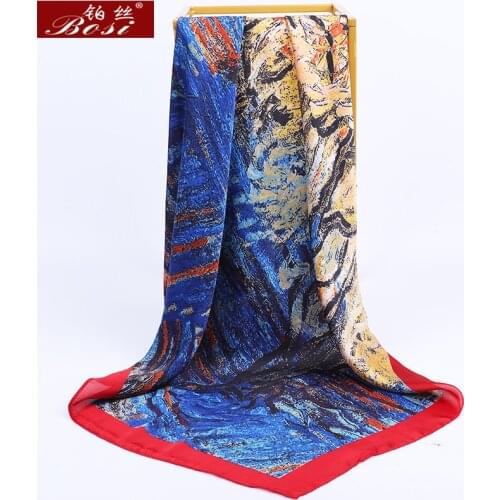 BOSI Fashion Square Head Hijab print pink Silk Satin Scarf for Women 90*90cm Shawl Ladies print Bandana Womens Brand Scarves
