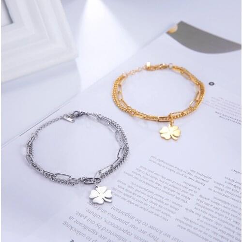 LIKGREAT Stainless Steel Charm Bracelets For Women Gold Color Classic Four-Leaf Clover Bracelets Engagement Gift Fashion Jewelry