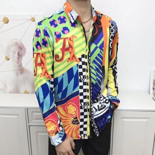 Color Fashion Geometry Splicing Pattern Mens Shirts Casual Flower Shirt Men Dress Shirts Streetwear Paty Shirt Baroque Shirts