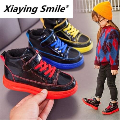Xiaying Smile Children shoes 19 popular winter girl Plush High Top Sneakers boy casual cotton shoes students' running shoes 8901