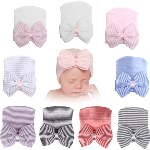 Newborn Baby Hat Toddler Baby Warm Hats Cotton Striped Caps Soft Hospital Pink White Boys Girls Bow Beanies for New Born 0-6M
