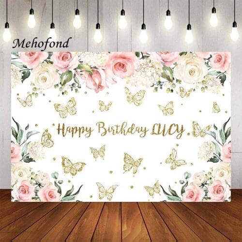 Mehofond Butterfly Photography Background Pink Floral Gold Butterfly Girl Baby Shower Birthday Party Decor Backdrop Photo Studio