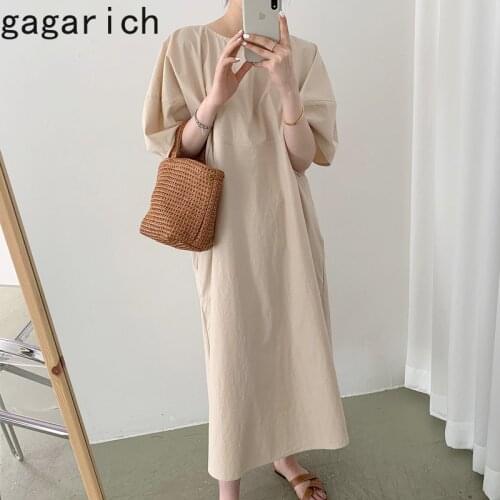 Gagarich Woman Dresses 2021 Summer New Korean Chic Minimalism Ins Fashion Solid O-neck Loose Casual Puff Sleeves Female Dress