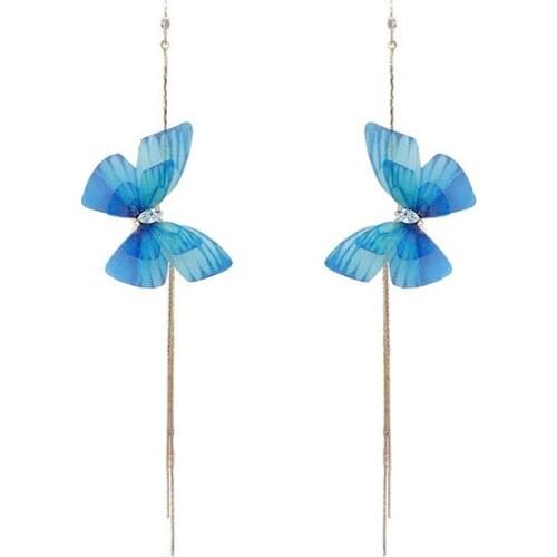 Delicate blue chiffon Butterfly long tassel Earrings