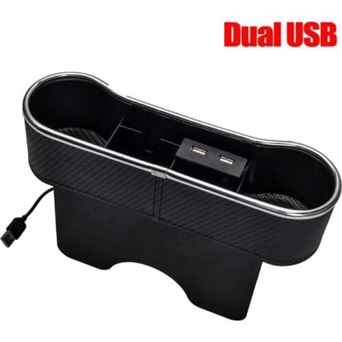 Carbon Fiber Black Dual USB Car Seat Gap Storage Box For Parking Card Cup Holder