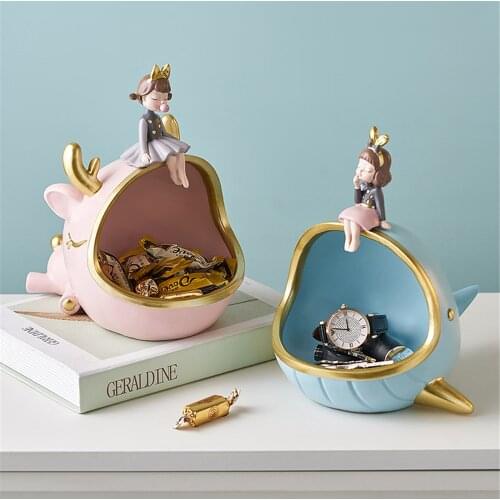 Creative Cute Girl Whale Elk Shaped Resin Decorative Crafts Storage Tray Living Room Decor Home Desktop Decoration Art Gift