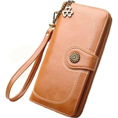 Oil wax leather wallet long mobile phone bag womens coin purse source spot retro oil pickup bag cover