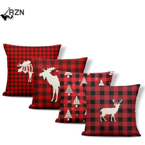 Fashion Popular Buffalo Plaid Pillowcase Deer Pine Moose Mountain Living Room Decoration Cushion Cover Polyester Pillow 43