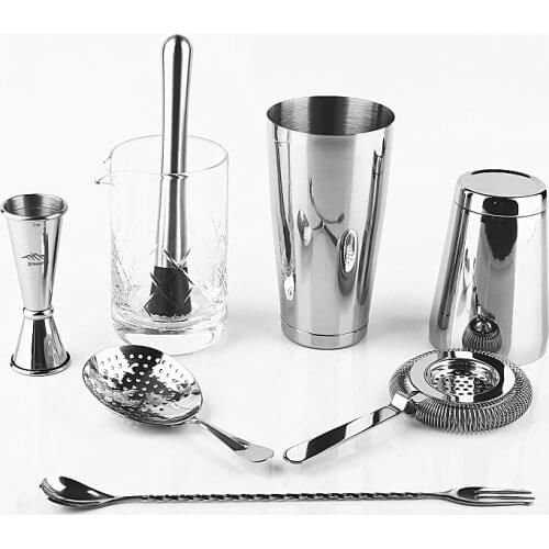 Premium Bar Tool Set - 8 Pieces Bartender Kit : Boston Shaker, Jigger, Hawthorne & Julep Strainer, Spoon, Muddler & Mixing Glass