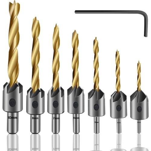 7PCS Countersink Drill Bit, Titanium Plating Drill Bit Set Wood Drill Set Woodworking Chamfer, with Hex Wrench for Wood Drilling