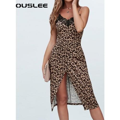 OUSLEE Sexy V Neck Leopard Printed Dress Sleeveless High Split Dress Female Lace Patchwork Madi Dresses Vestidos de Fiesta Mujer