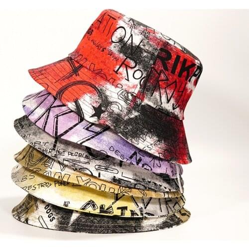 Bucket-Hats Men Women Retro Letter Print Graffiti Sunscreen Fisherman Cat Cotton Fashion Tie-dye Spring Summer Panama Hat
