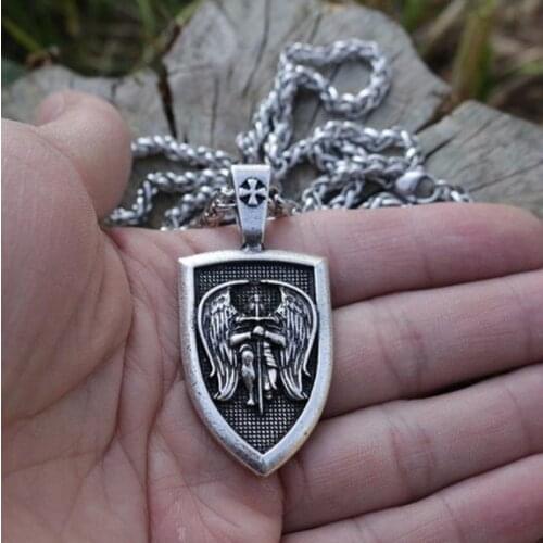 Punk Fashion Wing Angel Saint Michael Protection Divine Shield Men Necklace Punk Pendant Amulet Jewelry