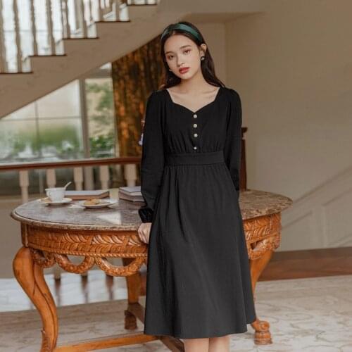 INMAN 2021 Spring New Arrival Retro Art Long Sleeve Peach Collar Waisted Slim Womens Dress
