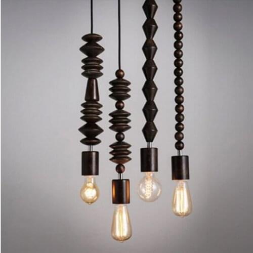 Retro style Oak wood pendant lamp Vintage 100cm cord geometric beads string droplight indoor Light Fixture