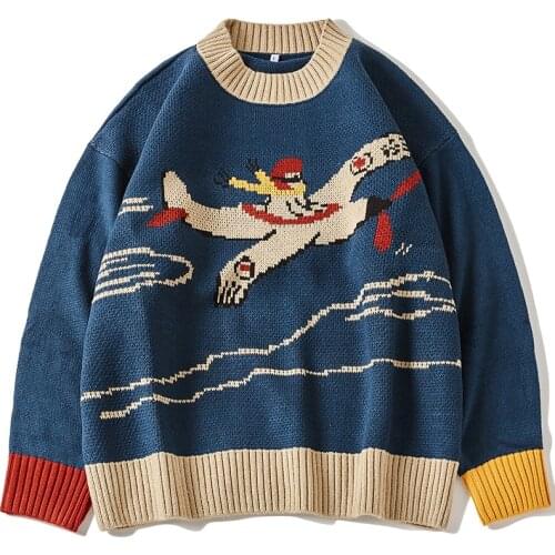 Hip Hop Air Plane Pattern Sweater Men Pullover Oversize Harajuku Streetwear O-neck 2020 Autumn New Casual Sweaters for Man Women