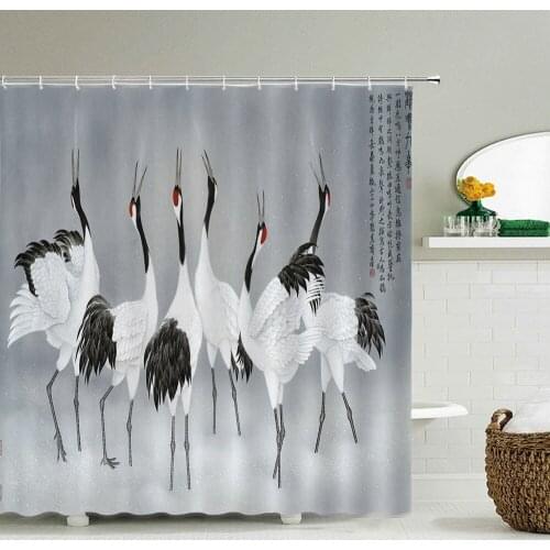 Waterproof Shower Curtains Ink painting Waterfall landscape Printed Bathroom Home Decor Bath Curtain Chinese style Birds Screen