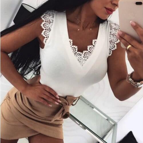 2019 Summer Lace V Neck Shirts Blouse Women Sleeveless Solid Black White Tops Vest Casual Female Shirt Blouses