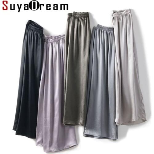 SUYADREAM Silk Solid Long Pants Women 100%Real Silk Satin Elastic Waist Wide Leg Pants 2021 Spring Chic Trousers