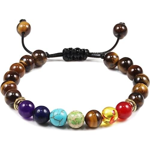 7 Chakra Bead Natural Stone Bracelet for Women Men Healing Balance Tiger Eye Stone Black Lava Bracelets Yoga Jewelry Adjustable
