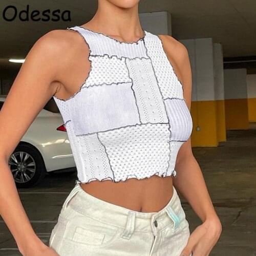 Odessa Elegant Sleeveless O Neck Crop Tops Women Y2K Patchwork Casual Tees Ladies White Sexy Tank Tops Female Spring Summer 2021