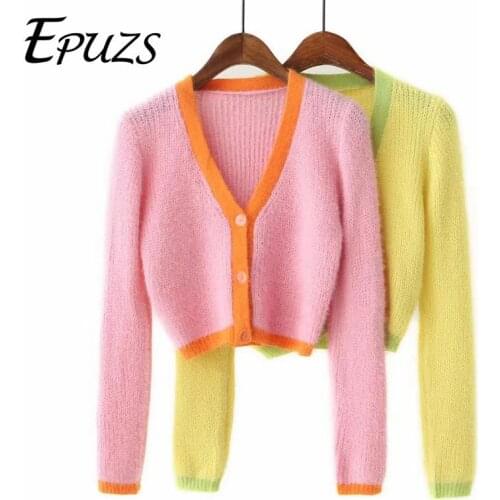 Sweet long sleeve yellow crop sweater Women Pink cardigan Elegant Slim Sweaters tops spring 2020