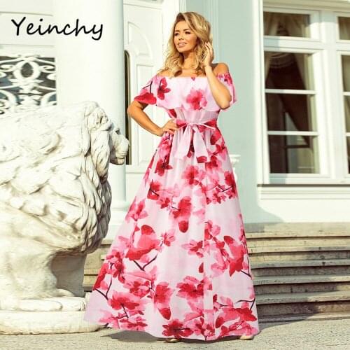 Yeinchy fashion women summer Elastic off shoulder short sleeve print dress with belt beach maxi split dress FM6044
