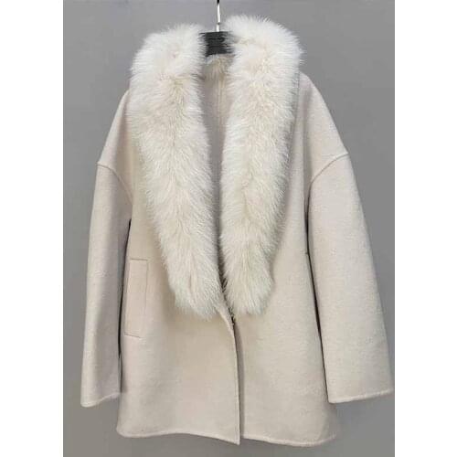 2021 New Arrival Mid Long Wool Cashmere Blend Jacket Natural Fox Fur Collar Womens Real Fur Coat With Pocket