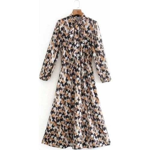 Women Dress Za Vintage Leopard Print Bow Sashes Shirt Dresses Long Sleeve A-Line Mid-Calf Dress Female Elegant Mujer Vestidos
