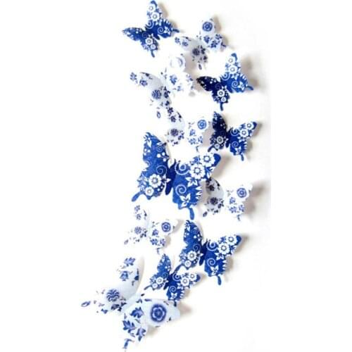 12pcs 3D Butterfly Wall Stickers Blue White Fridge Magnet Door Window Car Decoration