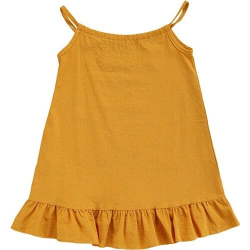 2021 2-7Y Causal Toddler Girls Dress Yellow Solid Sleeveless O Neck Ruffle A-line Summer Sundress Cotton Clothes
