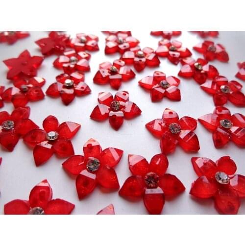 60pcs sew on crystls flower shape 15mm flatback red rhinestones 2 holes silver diamond gem stone for dress