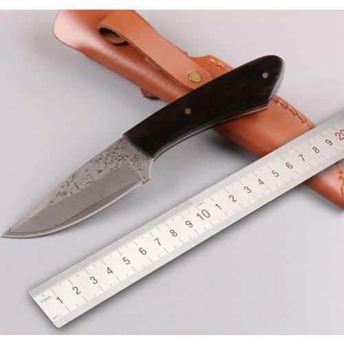 Free shipping New fixed Damascus steel blade sharp edges camping hunting tactical survival knife with wood handle Outdoor tool