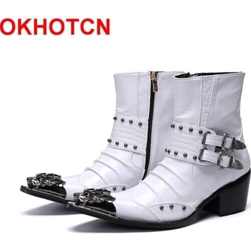 Genuine Leather White High Heel Boots Men Metal Rivets Botas Hombre Lateral Zip Buckle Winter Shoes Men Ankle Motorcycle Boots