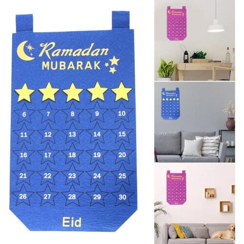Eid Mubarak Fabric Calendar with 30PCS Star Stickers Ramadan Wall-hanging Felt Countdown Festival Gift for Muslim DU55
