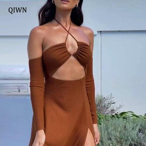 Elegant Halter Sexy Split Midi Dress Women Brown Cut Out Backless Sleeveless Club Party Lace Up Dresses Outfits