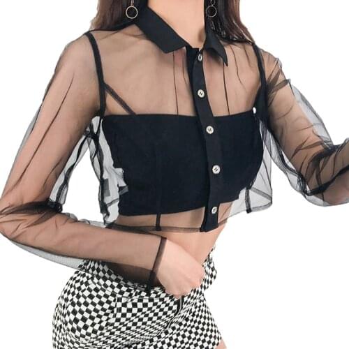 Women Sexy Mesh Sheer Net T Shirt See-through Long Sleeve Button Short Top Black T Shirt Tee Blusas Women T-Shirts