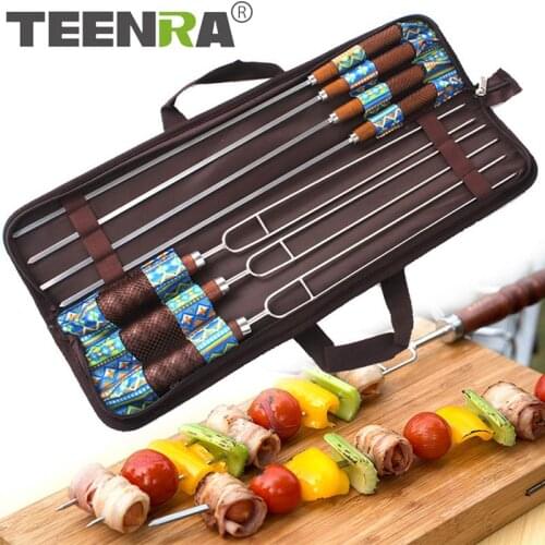 TEENRA 7Pcs Wooden Handle Barbecue Skewers Stainless Steel Safety Needle Picnic Tools BBQ Fork Set Outdoor Camping Tools