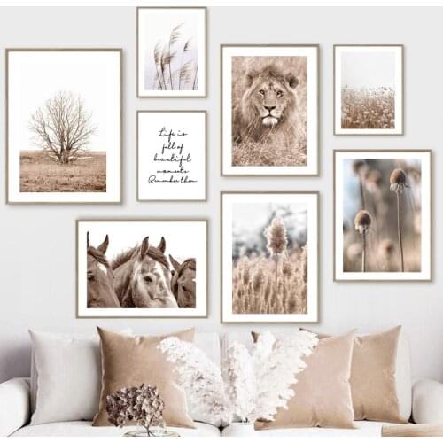 Wall Art Print Canvas Painting Reed Dandelion Lion Horse Dry Grass Tree Beige Nordic Poster Wall Pictures For Living Room Decor