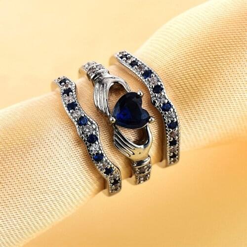 Charm Heart Shaped Royalblue Crystal Zircon Ring Set Jewelry Three Layer Engagement Wedding Ring for Women Valentines Day Gifts