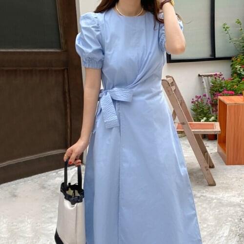 Korean Chic Temperament Gentle Milk Soft Blue Round Neck One-Piece Bow Tie Waist Puff Sleeve Dress Women