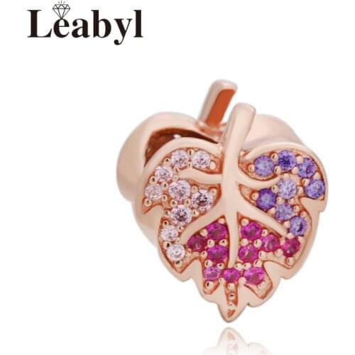 Leabyl HOT Classic Rose Gold Color Leaf Charm with Colorful Crystal fit Bracelet Bangle