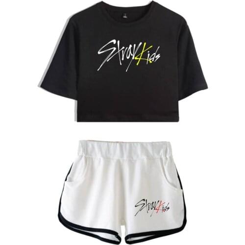 Trendy Women navel Tshirt Printed KPOP Stray Kids Two Piece Set + Short Pants Summer Dew navel t shirt Girl Leisure Sets