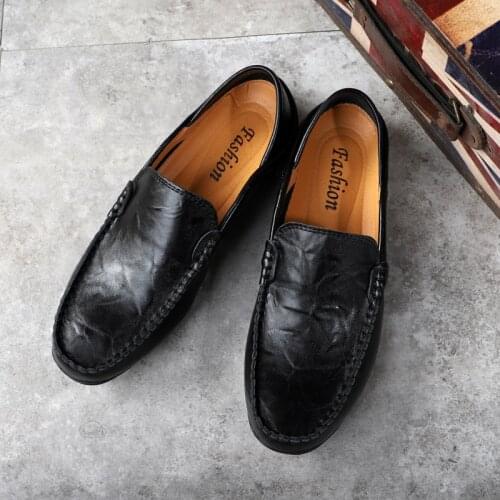 Mens Casual Shoes Comfortable Flat Driving Shoes Breathable Slip-On Walking Loafers Big Size Split Leather Moccasin